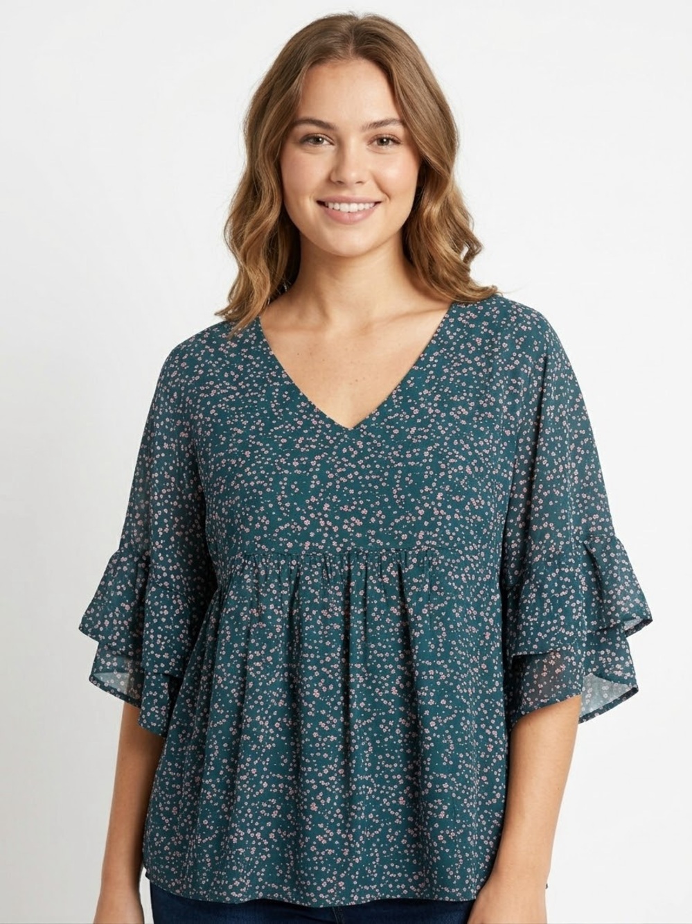 Andree by Unit V-Neck Teal Floral Ruffle Sleeve Peplum Blouse
